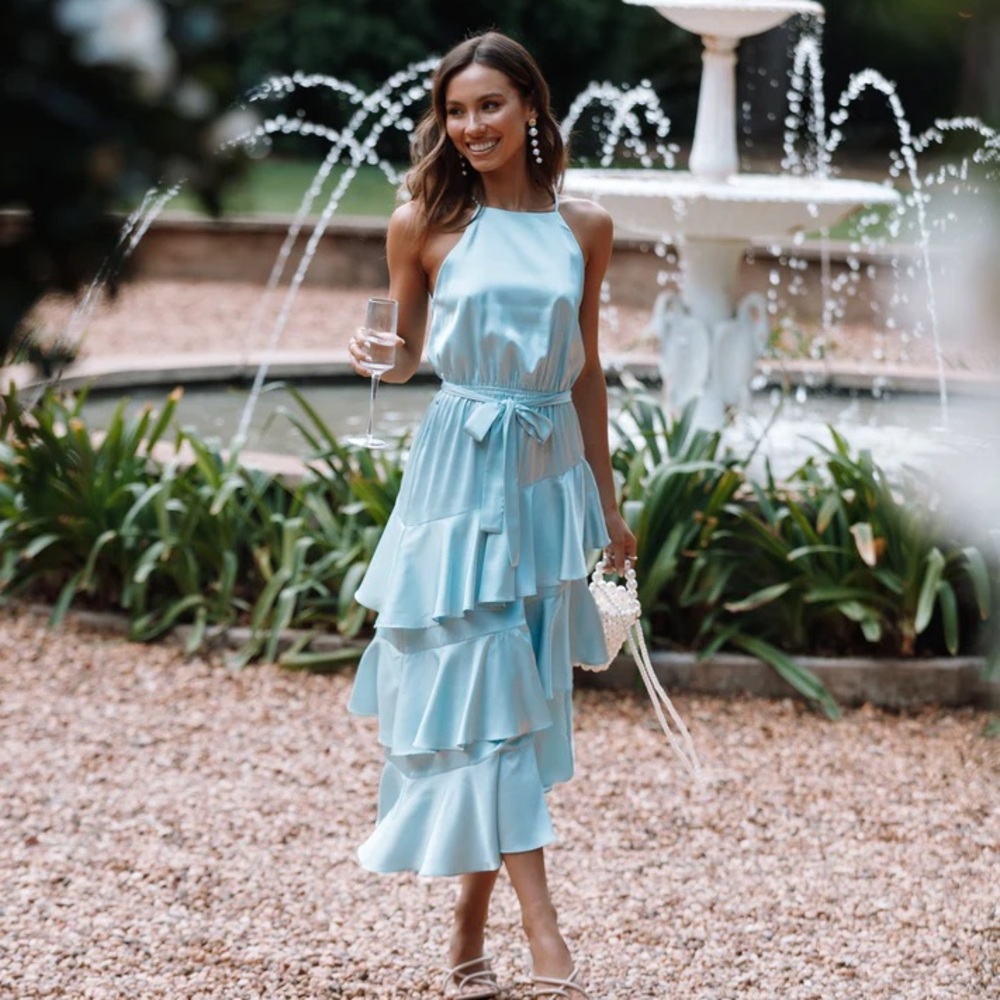 Petal & Pup Light Blue Tiered Ruffle Midi Dress